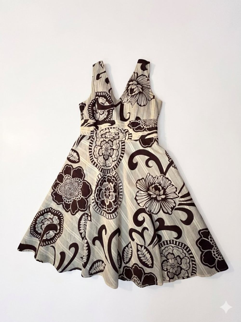 Vintage Y2K Robbie Bee Floral Fit and Flare Dress Size 10 Brown Cream Cotton